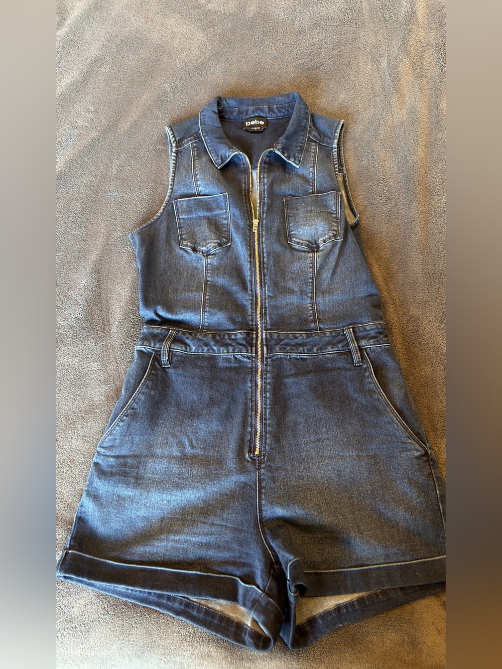 bebe Dark Blue Denim Zip-Front Sleeveless One-Piece Romper